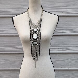 Silver And Black Long Cluster Necklace | Statement Necklace